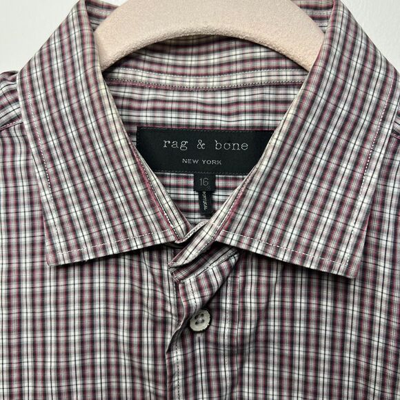 Rag & Bone New York Men’s Button Down Shirt Size 16 Burgundy Plaid Long Sleeve - Picture 3 of 10